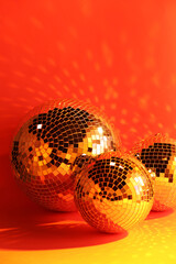 Many shiny disco balls near color wall, toned in orange