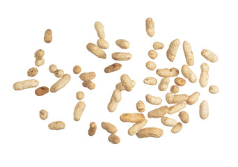 Boiled peanut fly explosion, boiled peanut bean fall down pour. Tropical boiled peanut throw in air. White background Isolated high speed shutter, freeze action