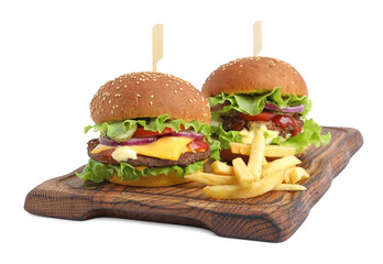 Delicious burgers with beef patty and french fries isolated on white
