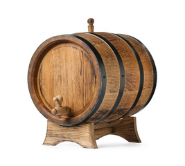 One wooden barrel with tap on white background