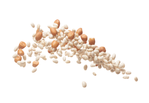Mix white peanut beans fall down explosion, several kind bean float explode, abstract cloud fly. Dried white peanut mixed beans splash throwing in Air. White background Isolated high speed shutter