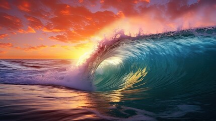 Colored waves against a sunset background made with Generative AI