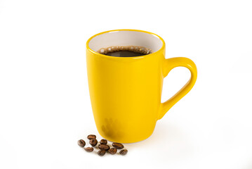 Cup of coffee with coffee beans on white background.