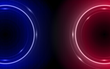 3d render, red and blue neon round frame on black background, circle, ring shape, empty space, ultraviolet light, 80's retro style, fashion show stage, abstract background.