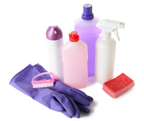 Different cleaning supplies on white background