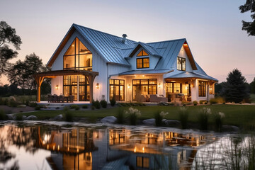 Naklejka premium Beautiful modern farmhouse style luxury home exterior at twilight - ai generative