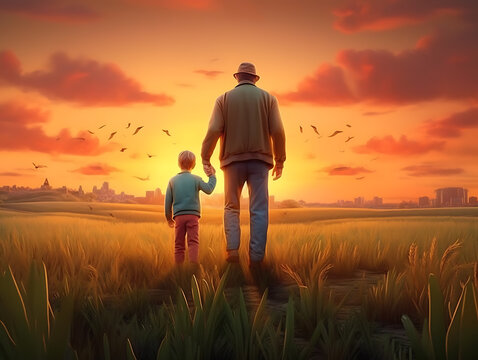 Father and son standing in grass field with sunset view generative ai