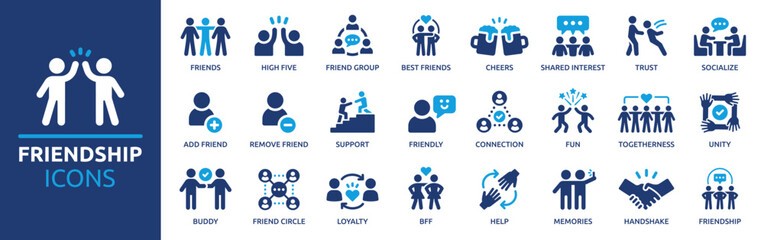 Friendship icon set. Containing friends, group of friend, socialize, friendly, cheers, trust, support and best friends icons. Solid icon collection. Vector illustration. - obrazy, fototapety, plakaty