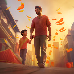 Father and son walking in parade city generative ai