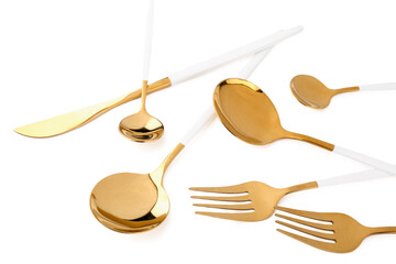 Golden set of cutlery on white background