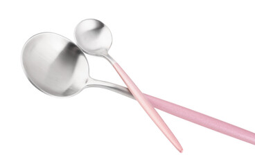 Stainless steel spoons with pink handles on white background