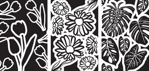 set of three frames tulips, daisies and monsteras leaves respectively. Assorted Adam's Rib leaves. Black and white Illustrations isolated on white background. - obrazy, fototapety, plakaty