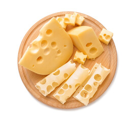 Pieces and slices of Swiss cheese with wooden board on white background