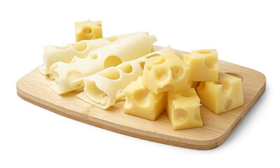 Cubes and slices of Swiss cheese with wooden board on white background