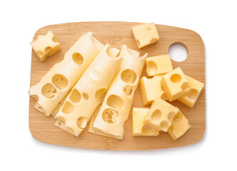 Cubes and slices of Swiss cheese with wooden board on white background