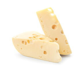 Pieces of tasty Swiss cheese on white background