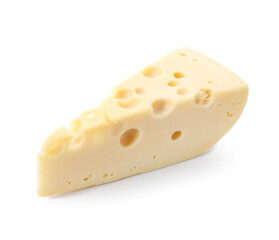 Piece of tasty Swiss cheese on white background