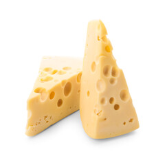 Pieces of tasty Swiss cheese on white background