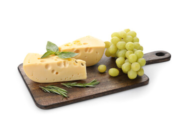 Wooden board with tasty Swiss cheese and grapes on white background