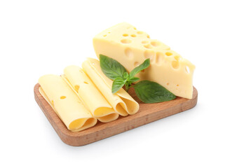 Wooden board with tasty Swiss cheese on white background