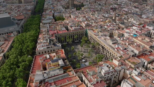 High angle view of town development in city centre. Green trees on La Rambla street and Placa Reial square with palms. Barcelona, Spain