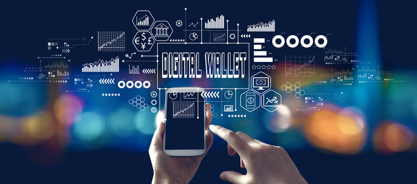 Digital Wallet - Digital self custody crypto enabled self custody wallet private keys with person using a smartphone in a city at night