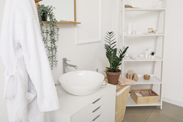 Sink bowl on chest of drawers, bathrobe and houseplant in bathroom