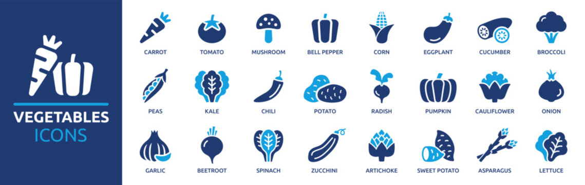 Vegetables icon set. Containing carrot, tomato, mushroom, broccoli, eggplant, corn, cucumber and lettuce icons. Solid icon collection. Vector illustration.