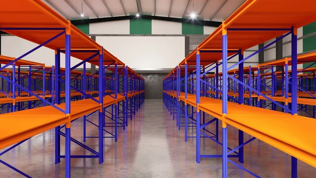 Warehouse with racks, logistic empty 4K 3D animation