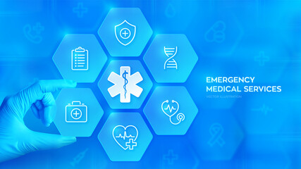 Emergency medical services. Emergency call. Online medical support. Hand in blue glove places an element into a composition with medical icons visualizing emergency services. Vector illustration. - obrazy, fototapety, plakaty