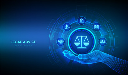 Labor law, Lawyer, Attorney at law, Legal advice concept on virtual screen. Internetlaw and cyberlaw as digital legal services or online lawyer advice. Law sign in wireframe hand. Vector illustration.