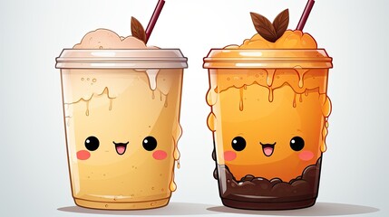 delightful and kawaii depiction of an adorable mango two cups of coffee and milk