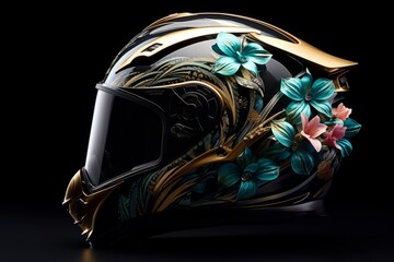 Sleek and futuristic motorcycle helmet inspired by nature, incorporating elements of vibrant flowers and flowing vines against a dark background