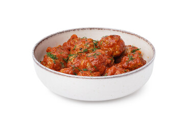 Bowl of tasty meat balls with sauce on white background