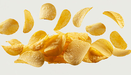 Potato chips falling, isolated on white background, cutout