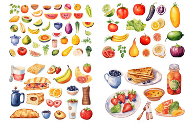 Fruit and vegetable watercolor painting on white background, isolated illustration