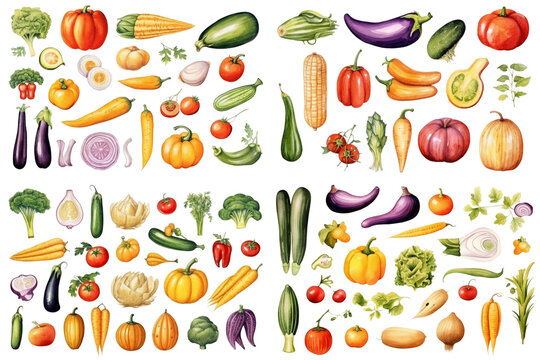 Fruit and vegetable watercolor painting on white background, isolated illustration