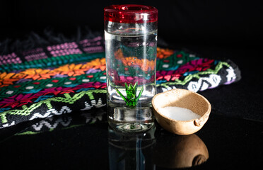 studio photograph of a tequila shot adorned with a maguey inside and red rim, next to a bowl with salt and a hand-embroidered Mexican cloth. Black background