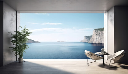 a modern living room with a view of the ocean