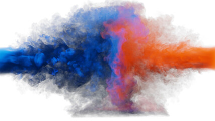 Puffs of blue and red smoke collide against a white background. 3d illustration. 