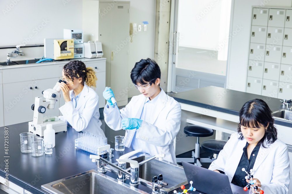 Poster multinational researcher group experimenting in the lab.