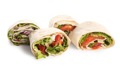 Tasty lavash rolls with vegetables isolated on white background