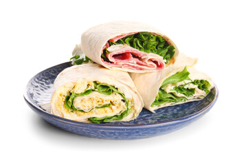 Plate of tasty lavash rolls with sausages and egg isolated on white background