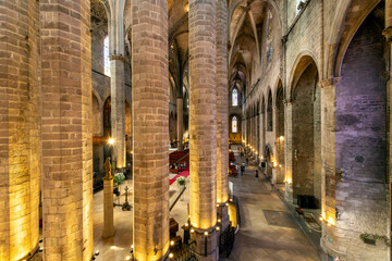 The gothic interior of the Basilica of Santa Maria del Mar church in the Ribera district near the Gothic Quarter of Barcelona, Spain.	