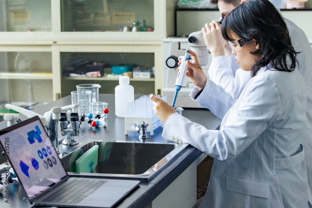 Poster multinational researcher group experimenting in the lab. research and development.