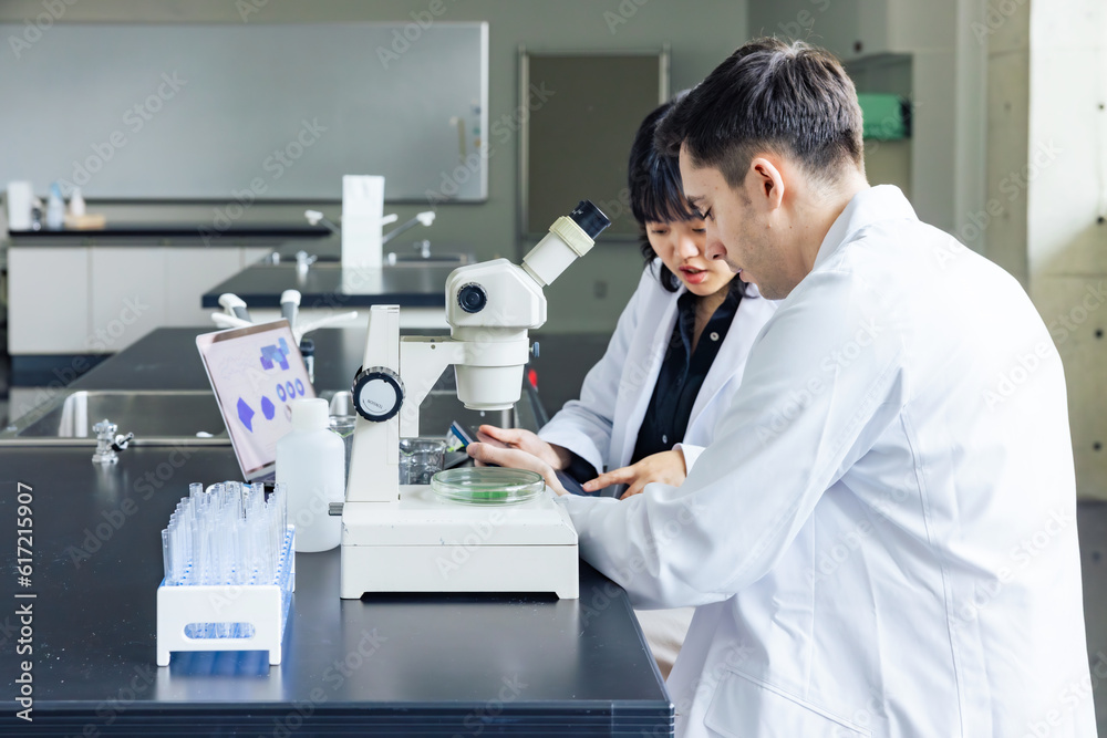 Poster multinational researcher group experimenting in the lab. research and development.