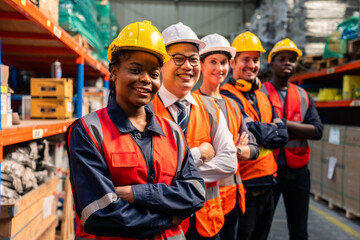 Portrait group of diverse industry worker working in factory warehouse.  - Powered by Adobe