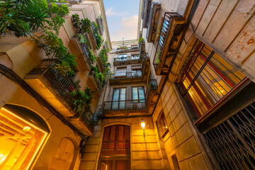 A narrow illuminated dead end alley of upscale residences and apartments with balcony gardens in the early evening twilight hours at the historic Gothic Quarter of the Catalonian city.