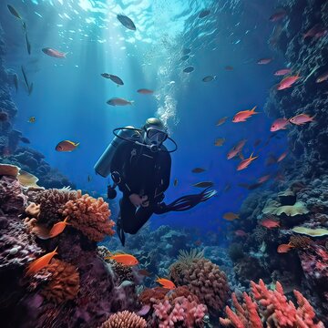 Scuba diving.Underwater scene beautiful sea life. scuba diver, explore and enjoy at coral reef. Generative AI illustration.