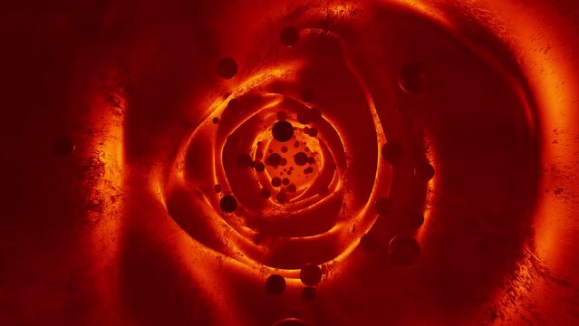 Red tunnels or blood vessels which red objects or molecules move. Abstract background. Animation Seamless loop. 3D Render.